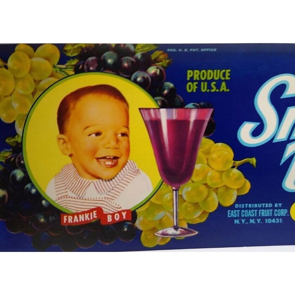 Smiling Baby Crate Label Grapes Frankie Boy Child Grape Juice 1960's Vintage